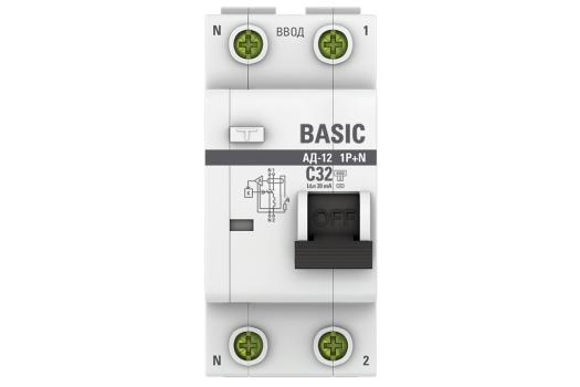 Автоматический выключатель дифференциального тока 1P+N 32А 30мА тип АС х-ка C эл. 4,5кА АД-12 Basic