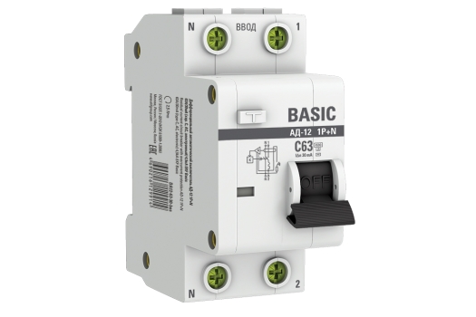 Автоматический выключатель дифференциального тока 1P+N 63А 30мА тип АС х-ка C эл. 4,5кА АД-12 Basic