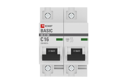 Автоматический выключатель 2P 16А (C) 10kA ВА 47-100 EKF Basic