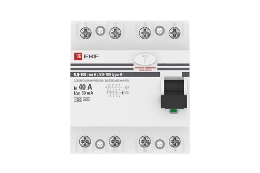 Устройство Защитного Отключения ВД-100 4P 40А/ 30мА (эл-мех, тип А) EKF PROxima