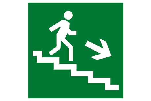 Знак эвакуационный E 13 "Направление к эвакуационному выходу по лестнице вниз направо" 200х200 мм, пленка самоклеящаяся ГОСТ Р 12.4.026-2015 EKF (100шт)