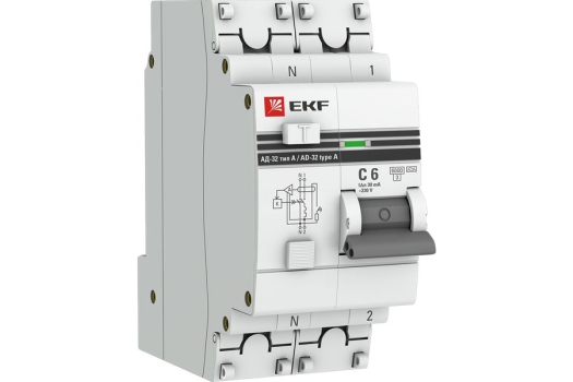 Дифференциальный автомат АД-32 1P+N 6А/30мА (хар. C, A, электронный, защита 270В) 6кА EKF PROxima